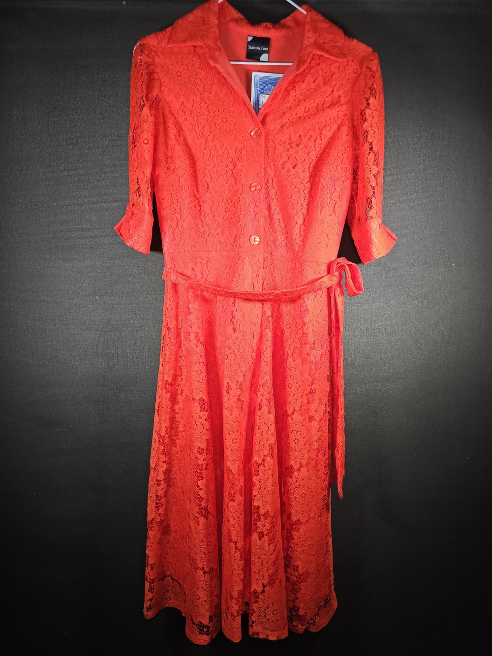 Maison Tara Orange Red Lace Midi Dress with Waist Tie